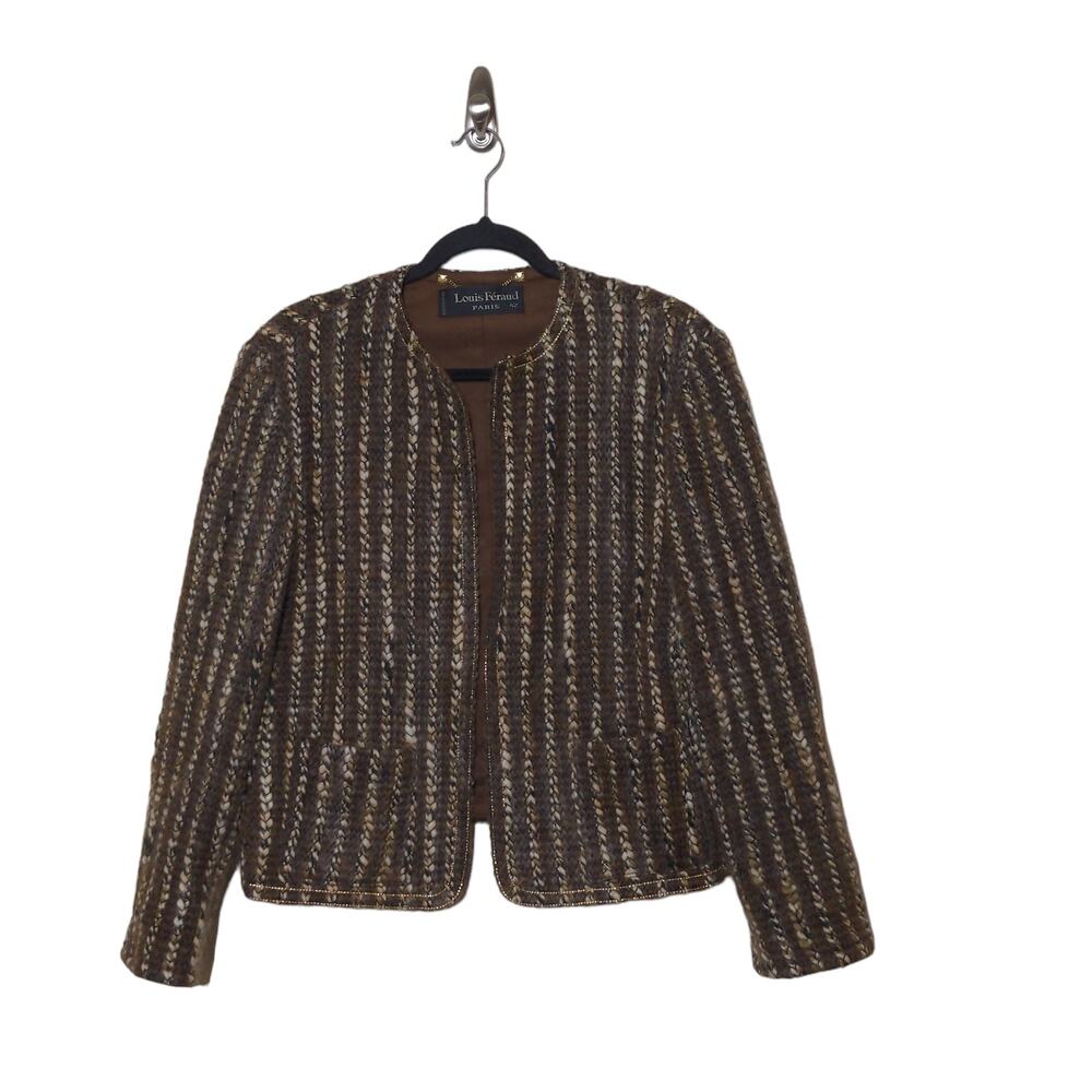 Louis Feraud Paris Open Front Jacket Brown Beige Blazer Wool Blend Germany 42
